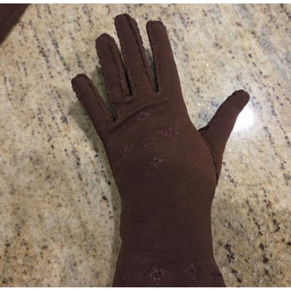 Vintage Womens Size M/L Brown Cotton Formal 9.5" Gloves Embroidered Starburst - Picture 12 of 16